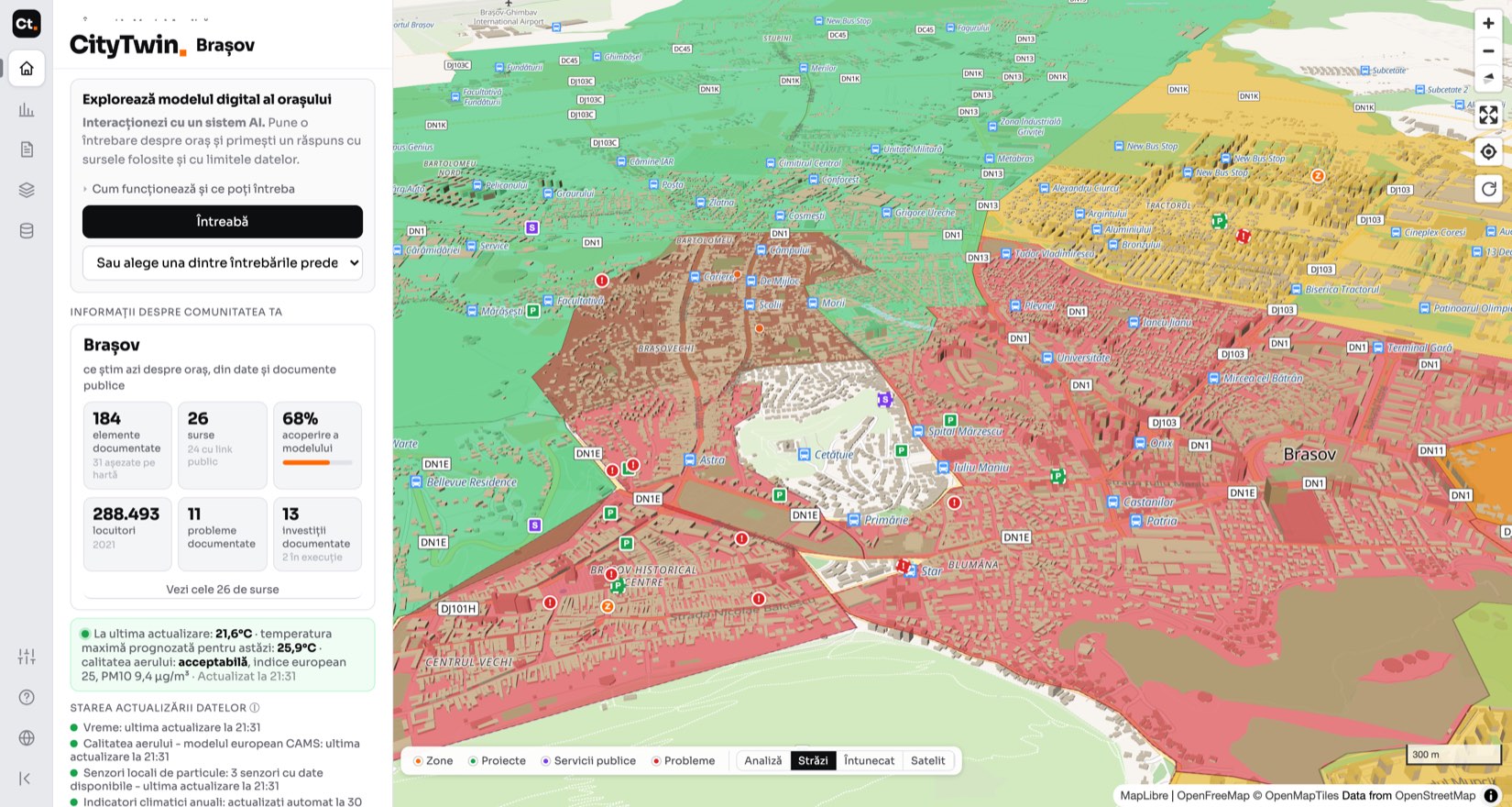 The CityTwin interface on the Brasov model: a 3D map with neighbourhoods coloured by class, and a panel with 184 documented elements, 26 sources and 68 percent coverage of the model.