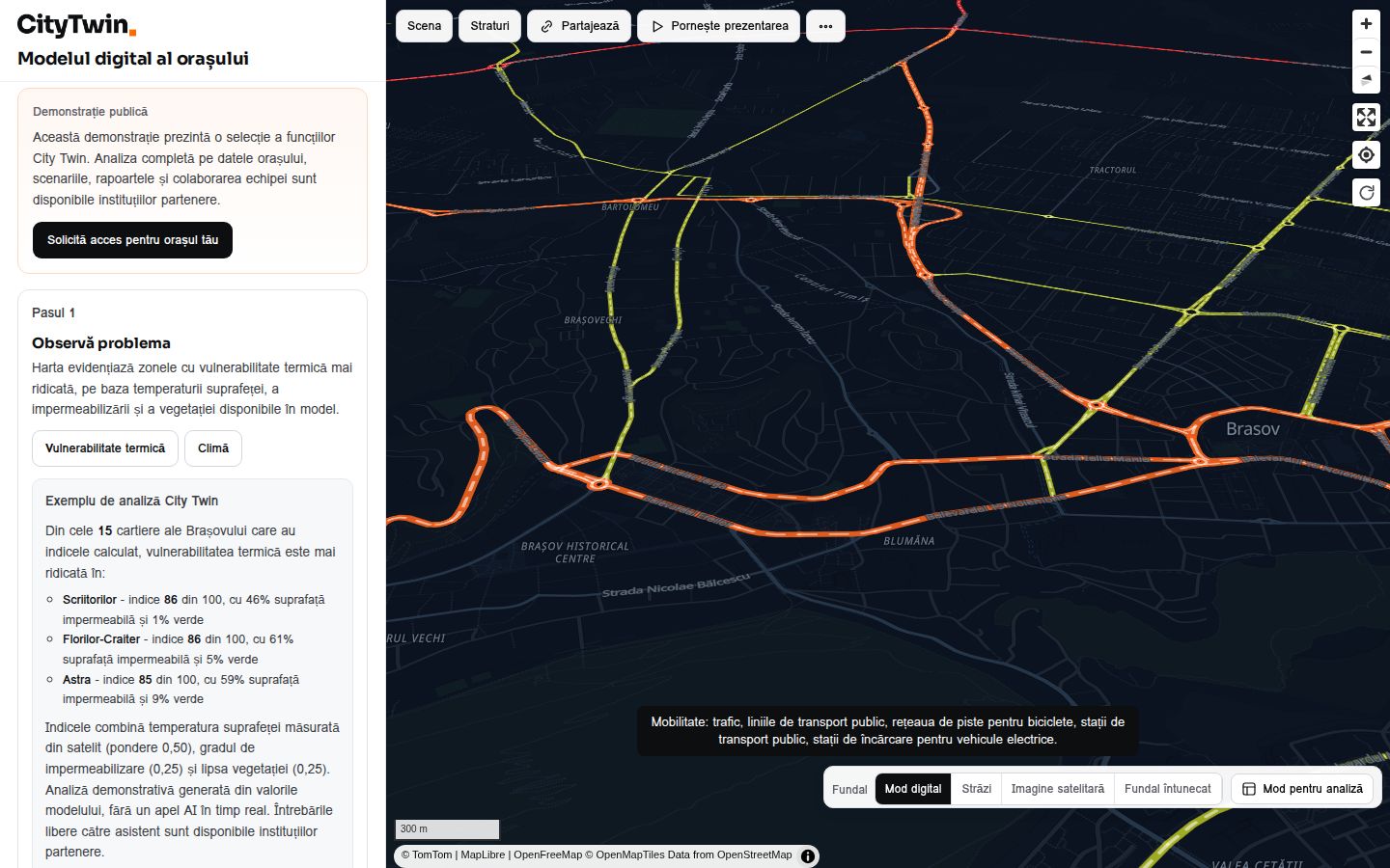 CityTwin public demonstration for Brasov: neighbourhoods shaded by a heat vulnerability index, with a legend that names the sources of the layer, and a panel listing the three most exposed neighbourhoods.