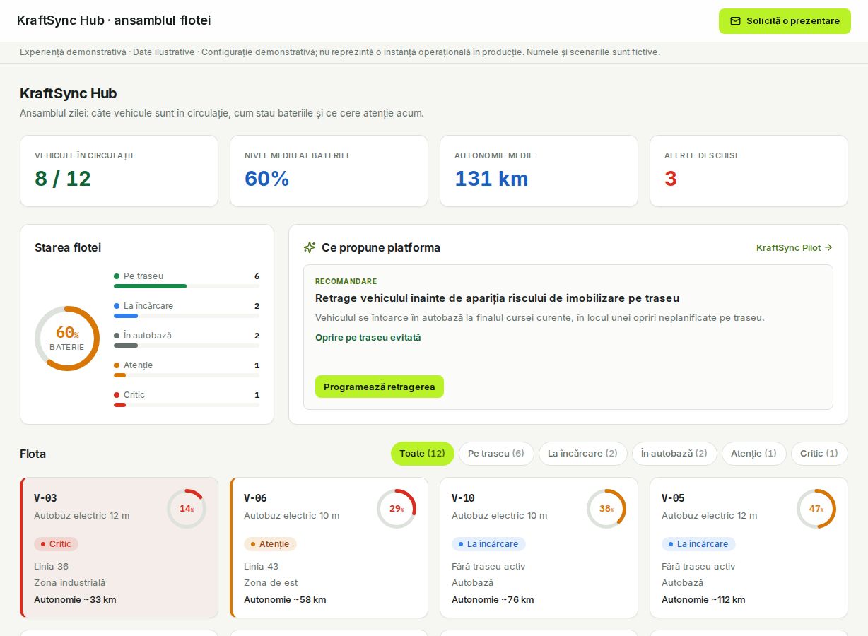 KraftSync Hub in the demonstration environment: vehicles in service, average battery level, average range, open alerts, the state of the fleet and a recommendation to withdraw a vehicle before it risks stopping on route.