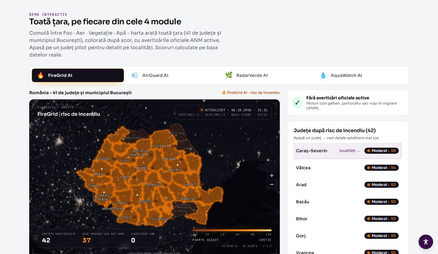 TerraScan public demonstration: a map of Romania with every county scored for wildfire risk, a list of counties by score, the sources and the time of the last update.